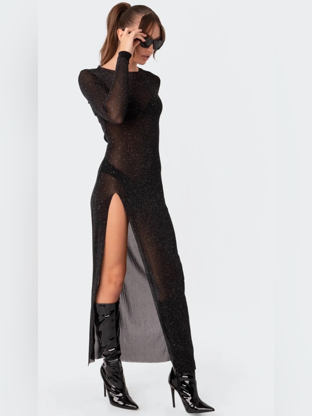 Edikted Black Glitter Mesh Long-Sleeve Slitted Maxi Dress